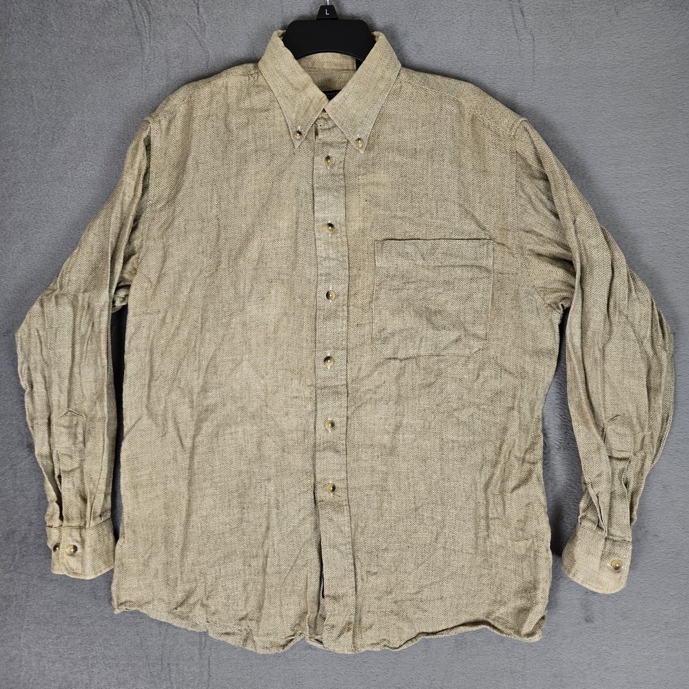 Burberry London Shirt Mens Medium Beige Herringbone Cotton Button Down USA *READ